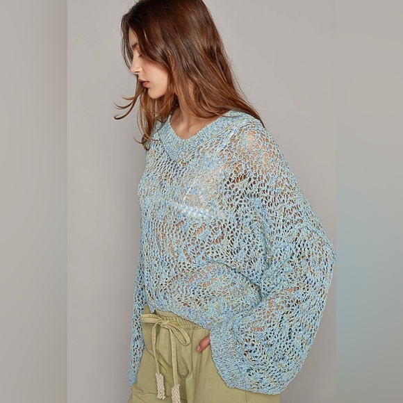 Ribbed Hem V-Neck Wide Sleeve Crochet Sweater - POL - Picture 3 of 5